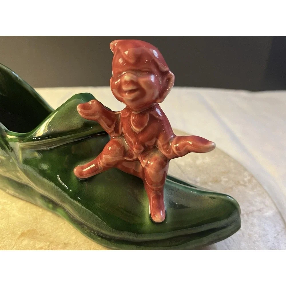 MCM Ceramic Pink Elf on A Green Boot Planter Pixie Planter Excellent Condition